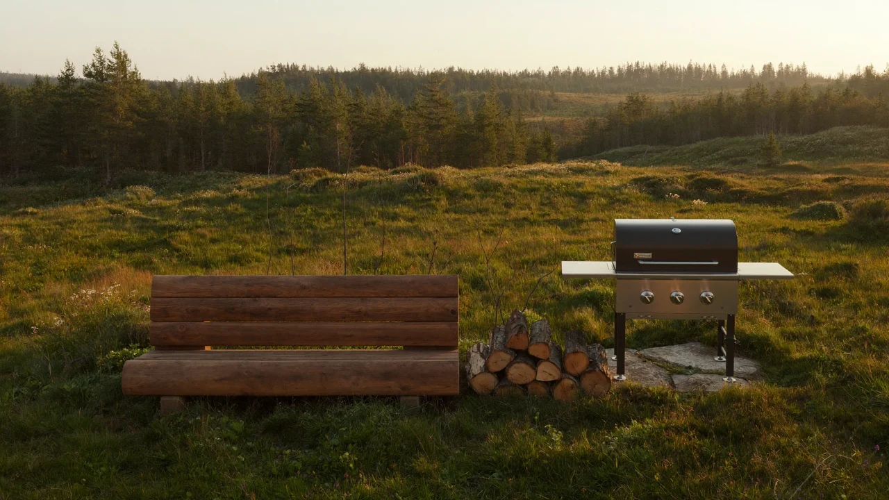 Illustration: Grillplatz auf einer Alpwiese mit Holzbank, Feuerholzstapel und Grill im goldenen Licht